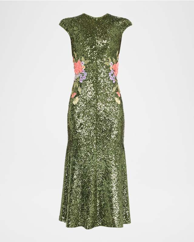 Floral Embroidered Stretch Sequin Cap-Sleeve Midi Dress